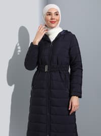 Quilted Puffer Coat With Full Length Zipper Navy Blue