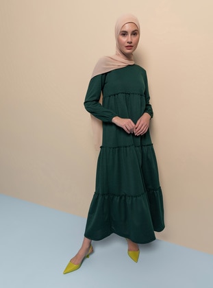 Modest Dress With Elastic Sleeve Ends Emerald