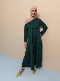 Modest Dress With Elastic Sleeve Ends Emerald