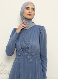 Lace Detailed Hijab Evening Dress Indigo