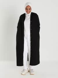 Oversize Hood Detailed Snap Fastener Natural Fabric Sports Topcoat - Black