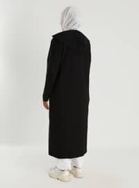 Oversize Hood Detailed Snap Fastener Natural Fabric Sports Topcoat - Black
