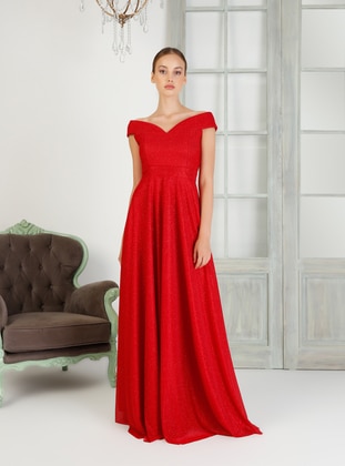 Red - Fully Lined - Boat neck - Muslim Evening Dress - MEKSİLA