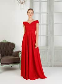 Red - Fully Lined - Boat neck - Muslim Evening Dress