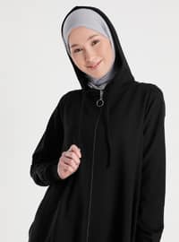 Hood Detailed Zippered Sports Topcoat - Black