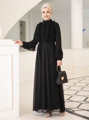 Black - Fully Lined - Crew neck - Chiffon - Muslim Evening Dress