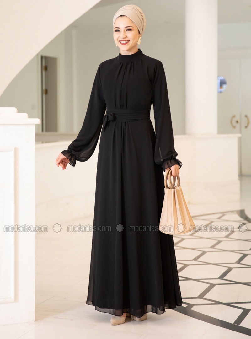 Black - Fully Lined - Crew neck - Chiffon - Muslim Evening Dress - DressLife