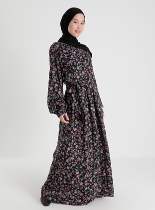 Natural Fabric Belted Floral Print Dress - Black - Refka