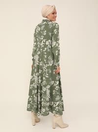 Green - Green - Floral - Point Collar - Unlined - Green - Floral - Point Collar - Unlined - Modest Dress
