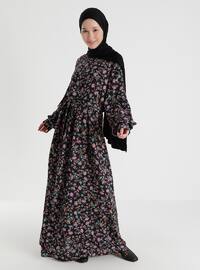 Natural Fabric Belted Floral Print Dress - Black