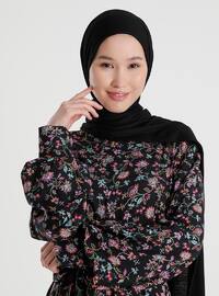 Natural Fabric Belted Floral Print Dress - Black