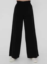 Natural Fabric Elastic Waist Trousers - Black