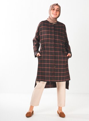 Brown - Checkered - Unlined - Crew neck - Topcoat  - Plistre