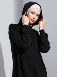 Kangaroo Pocket Hooded Modest Dress Black