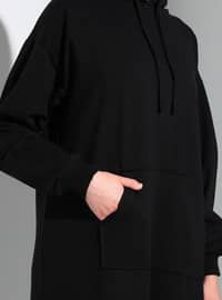Kangaroo Pocket Hooded Modest Dress Black