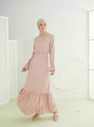 Floral Patterned Modest Dress Pink