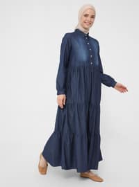 Navy Blue - Point Collar - Unlined - Modest Dress