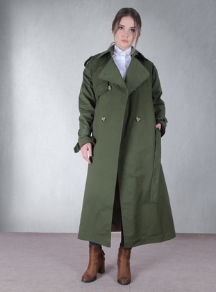 Green - Fully Lined - Shawl Collar - Trench Coat  - Sahra Afra