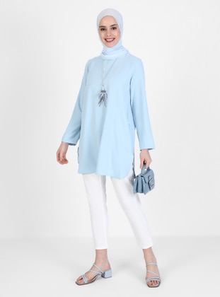 Necklace Detailed Side Slit Tunic - Light Blue - Refka Casual