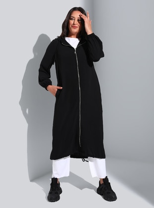 Plus Size Hooded Zippered Cape Black