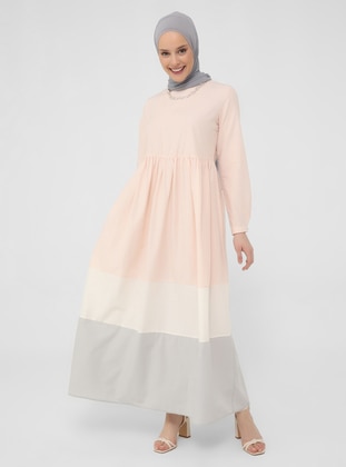 Color Block Wide Skirt Cotton Dress - Powder - Refka Casual