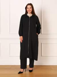 Plus Size Hooded Zippered Cape Black