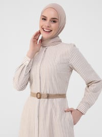 Camel - Nude - Stripe - Button Collar - Unlined - Modest Dress