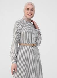 Black - Stripe - Button Collar - Unlined - Modest Dress