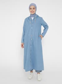 Natural Fabric Hooded Denim Cape - Ice Blue