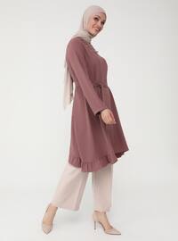 Flounce Detailed Belted Aerobin Long Tunic - Dusty Rose