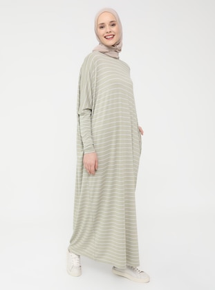 Pocket Detailed Striped Natural Fabric Relax Fit Dress - Light Khaki - Refka