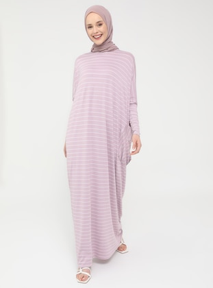 Pocket Detailed Striped Natural Fabric Relax Fit Dress - Deep Pink - Refka