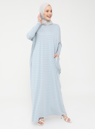 Pocket Detailed Striped Natural Fabric Relax Fit Dress - Sky Blue - Refka