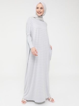 Pocket Detailed Striped Natural Fabric Relax Fit Dress - Gray - Refka