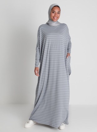Pocket Detailed Striped Natural Fabric Relax Fit Dress - Gray Blue - Refka