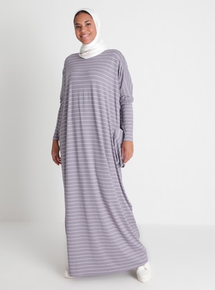 Pocket Detailed Striped Natural Fabric Relax Fit Dress - Lavender - Refka