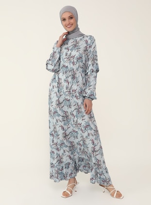 Natural Fabric Ruffle Detailed Dress - Light Blue Patterned - Refka Woman