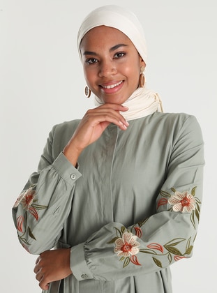 Embroidered Sleeve Poplin Dress - Thyme - Refka Woman