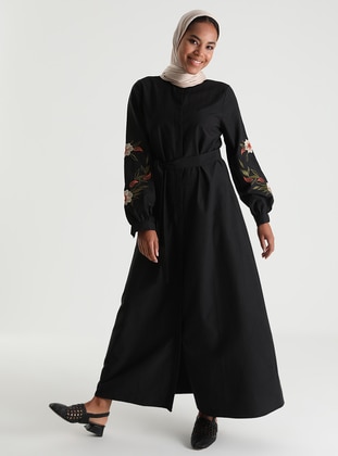Embroidered Sleeve Poplin Dress - Black - Refka