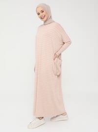Pocket Detailed Striped Natural Fabric Relax Fit Dress - Almond
