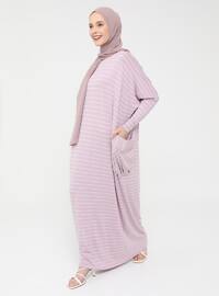 Pocket Detailed Striped Natural Fabric Relax Fit Dress - Deep Pink