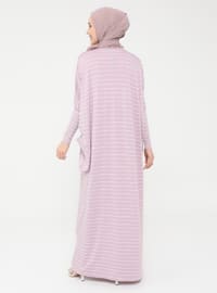 Pocket Detailed Striped Natural Fabric Relax Fit Dress - Deep Pink