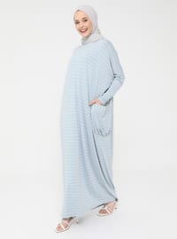 Pocket Detailed Striped Natural Fabric Relax Fit Dress - Sky Blue