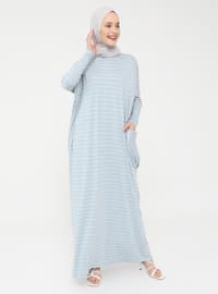 Pocket Detailed Striped Natural Fabric Relax Fit Dress - Sky Blue