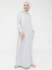 Pocket Detailed Striped Natural Fabric Relax Fit Dress - Gray