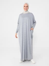 Pocket Detailed Striped Natural Fabric Relax Fit Dress - Gray Blue