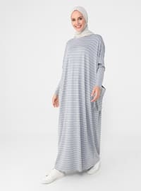 Pocket Detailed Striped Natural Fabric Relax Fit Dress - Gray Blue