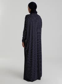 Pocket Detailed Striped Natural Fabric Relax Fit Dress - Navy Blue