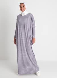 Pocket Detailed Striped Natural Fabric Relax Fit Dress - Lavender
