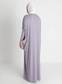 Pocket Detailed Striped Natural Fabric Relax Fit Dress - Lavender
